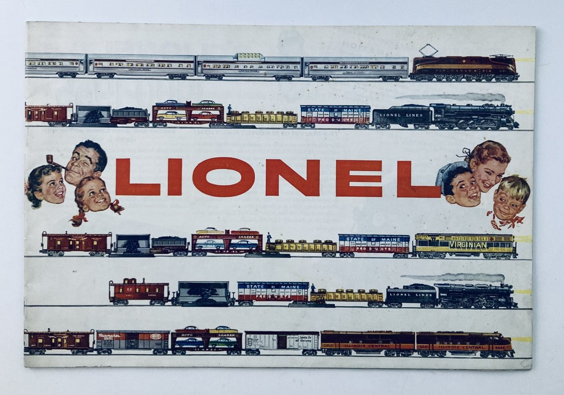 Cover of VTG 1955 Lionel World's Finest Trains Consumer Catalog showcasing colorful illustrations of various Lionel train models, featuring a large red 'LIONEL' title.