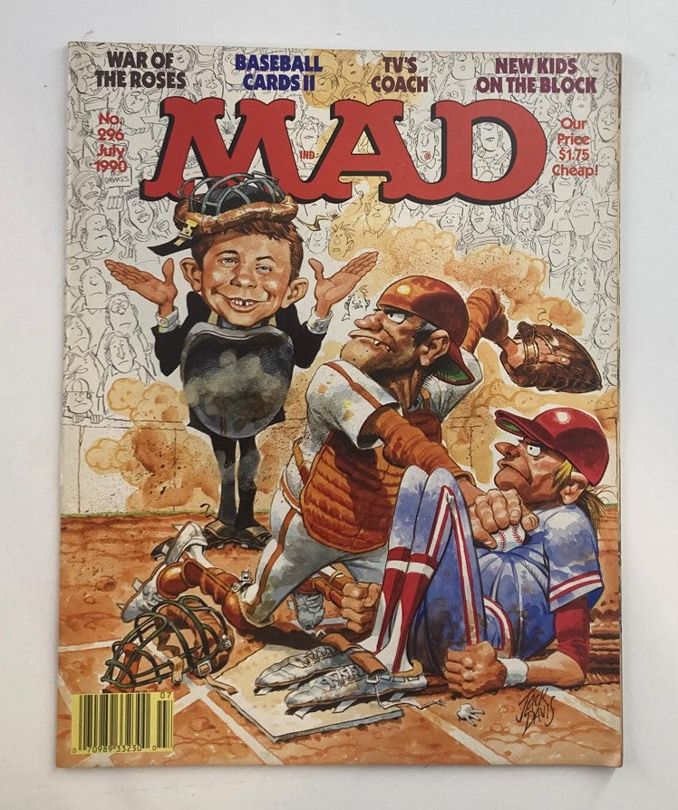 Cover of Mad Magazine July 1990, No. 296 featuring the title 'Baseball Cards II'. The illustration showcases a humorous baseball scene with playful caricatures, appealing to both Mad Magazine fans and sports memorabilia collectors.