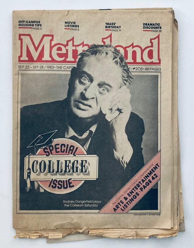 Vintage Metroland Newspaper from September 22, 1983, issue #205 featuring comedian Rodney Dangerfield on the front cover, labeled as a special college issue, showcasing movie listings and entertainment highlights.