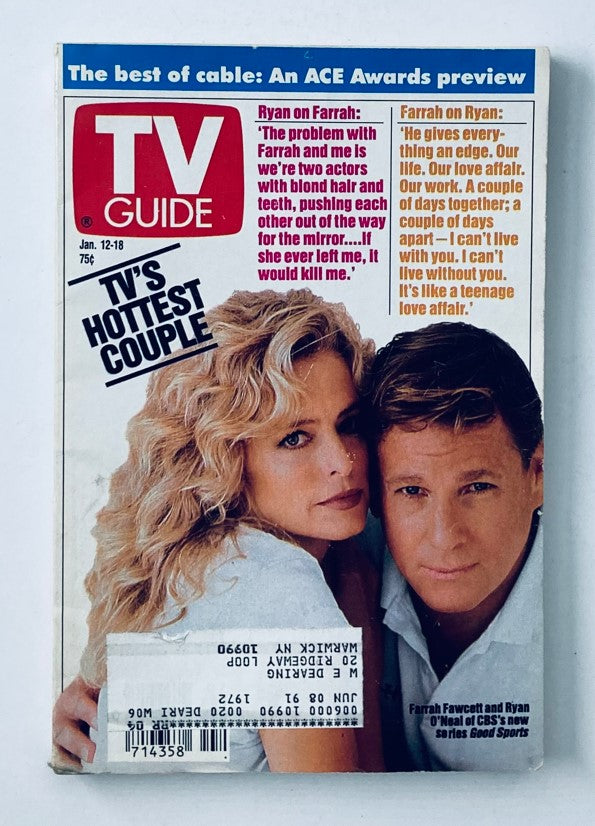 TV Guide Magazine January 12 1991 featuring Farrah Fawcett and Ryan O'Neal as 'TV's Hottest Couple' on the cover, showcasing nostalgic pop culture from the early '90s.