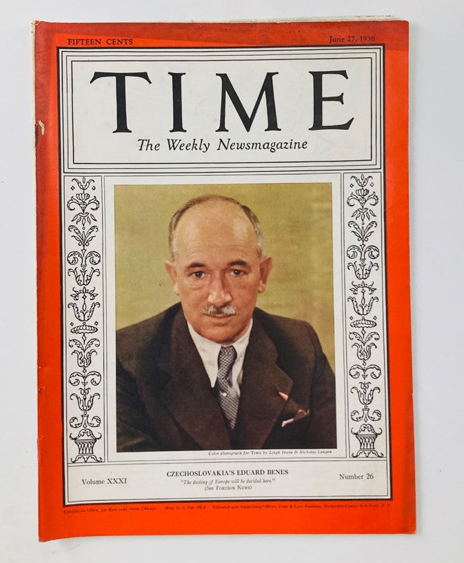 VTG Time Magazine June 27 1938 featuring Eduard Benes, Volume 31, No. 26, cover illustration of notable historical figure from Czechoslovakia.