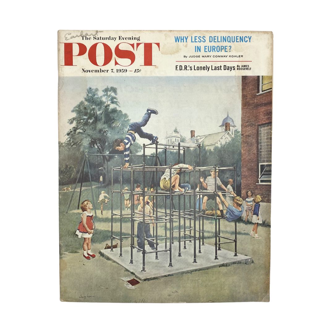 Cover of the Saturday Evening Post Magazine, November 7, 1959, featuring 'Jungle Gym' artwork by Hughes, depicting children playing on a jungle gym in a vintage style.