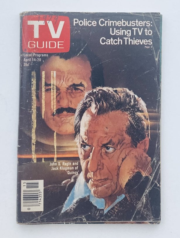 TV Guide Magazine cover from April 14, 1979 featuring John S. Raglin and Jack Klugman, with the headline 'Police Crimebusters: Using TV to Catch Thieves.' The magazine showcases local programs and includes significant wear, highlighting its vintage appeal.