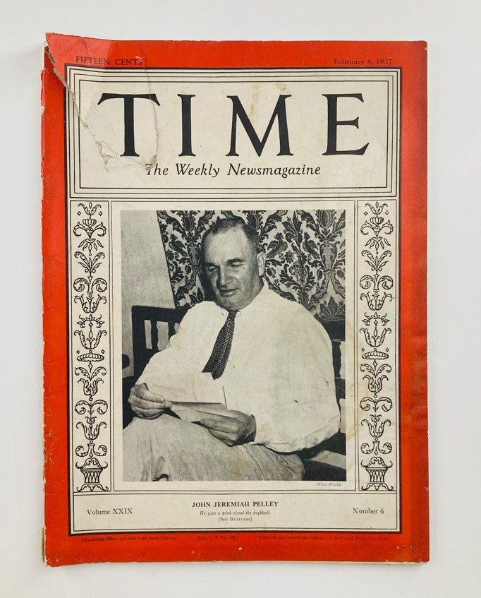 Cover of VTG Time Magazine dated February 8, 1937, Volume 29, Number 6, featuring John Jeremiah Pelley, reflecting vintage art and historical significance.