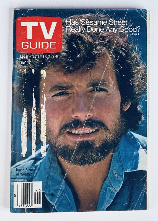 TV Guide Magazine October 2 1976 Issue #1227 featuring David Birney on the cover, with a close-up image of his face and text questioning the impact of Sesame Street on children's development.