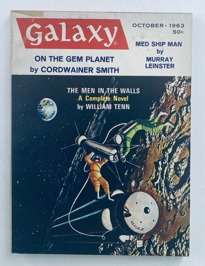 Cover of Galaxy Magazine October 1963 Vol 22 No. 1 featuring 'The Men in The Walls' by William Tenn, with vibrant space-themed artwork and illustrations of astronauts.