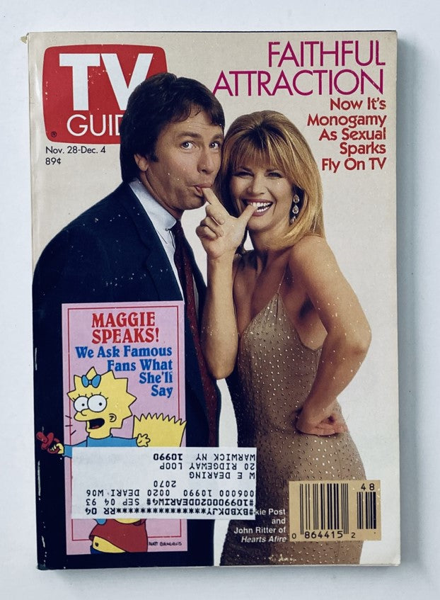 TV Guide Magazine cover from November 28, 1992, featuring Jackie Post and John Ritter, with a headline about 'Faithful Attraction' and a sidebar about Maggie from The Simpsons. This collectible vintage magazine captures the essence of early 90s television culture.