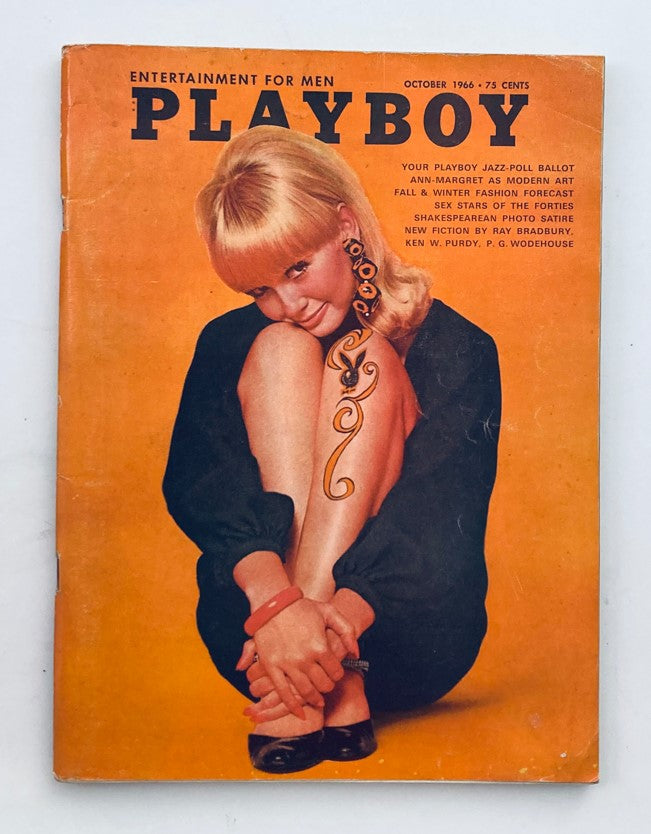 Cover of VTG Playboy Magazine October 1966 featuring Playmate Linda Moon, showcasing a vibrant design with a playfully posed model