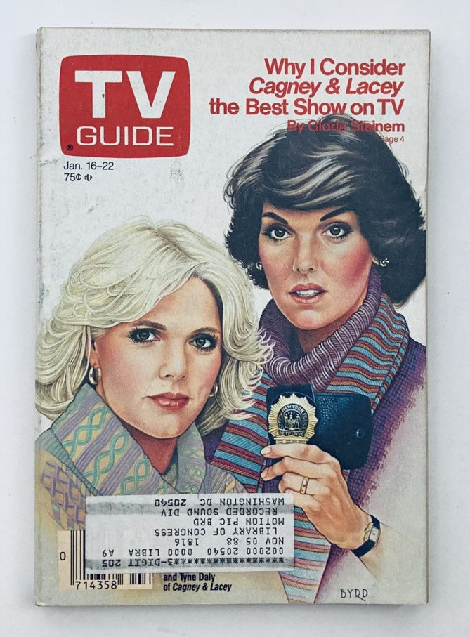 Cover of TV Guide Magazine dated January 16-22, 1988, featuring an illustration with two women, representing the TV series Cagney & Lacey. The text highlights an article by Gloria Steinem discussing why Cagney & Lacey is considered the best show on TV.
