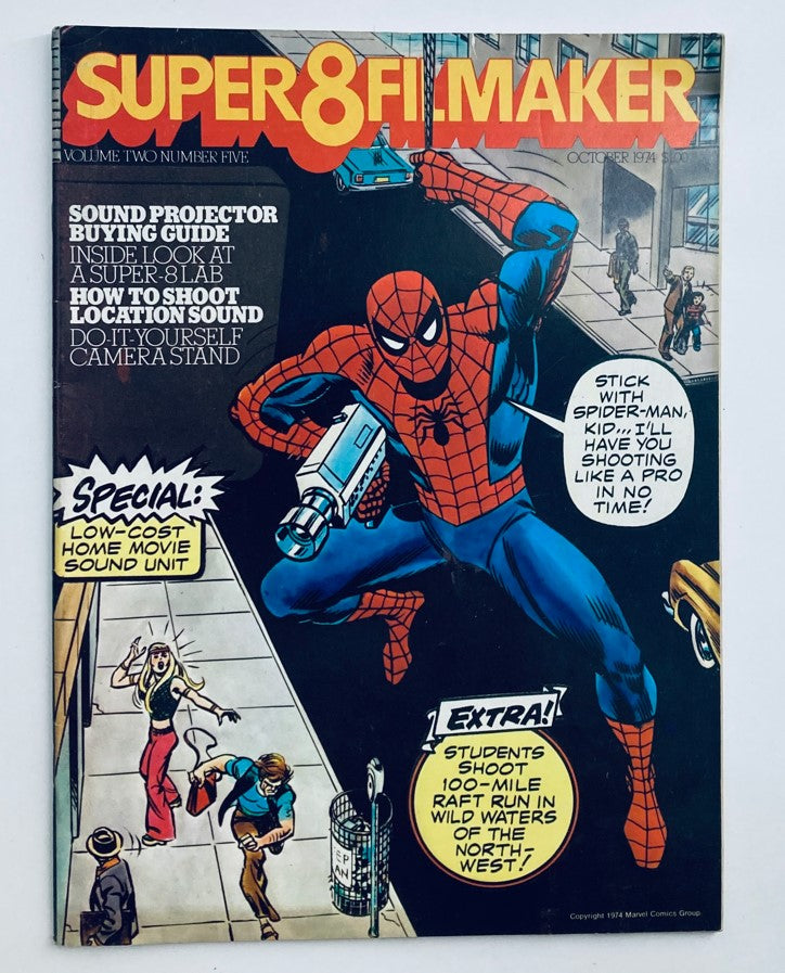 Vintage September 1974 issue of Super-8 Filmaker Magazine featuring Marvel's Spider-Man on the cover, showcasing articles on sound projector buying guides, shooting location sound, and a DIY camera stand.