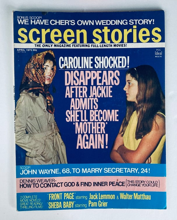 Cover of Screen Stories Magazine, April 1975, Volume 74, No. 4 featuring Jackie Kennedy with headlines about celebrity news and full-length movies.