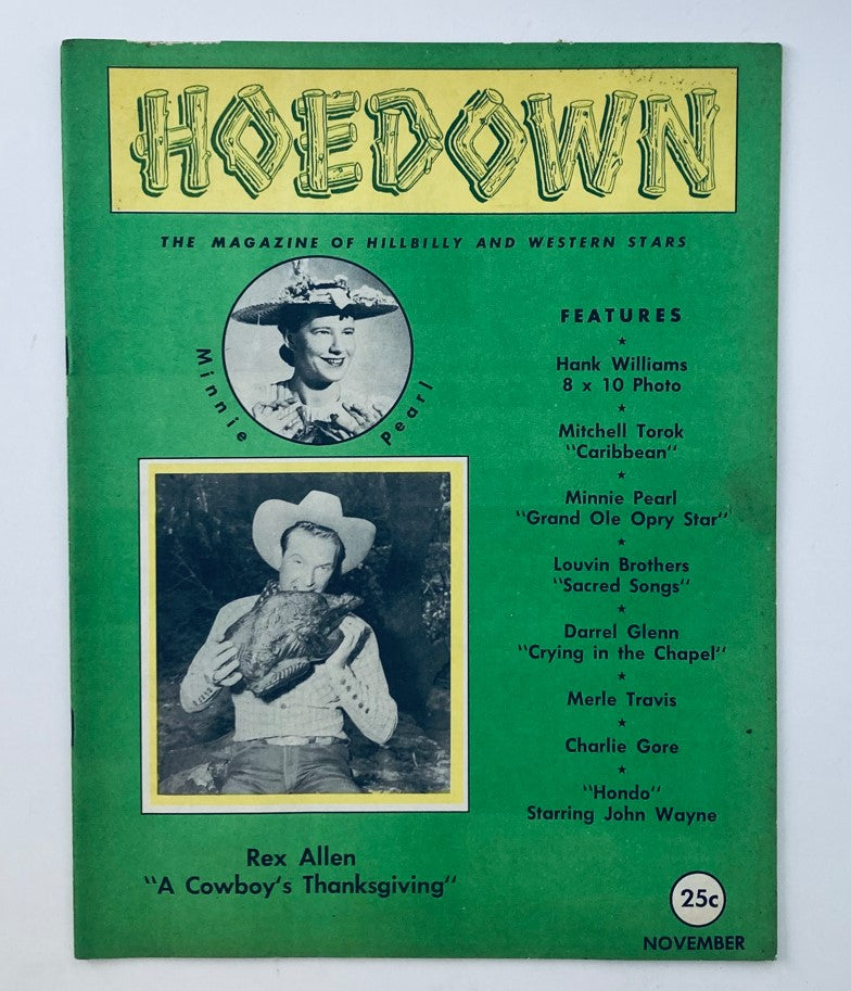 Cover of VTG Hoedown Magazine November 1953 Vol 1 No. 3 featuring Rex Allen and a photo of Minnie Pearl, showcasing the vibrant culture of 1950s cowboy music and entertainment.