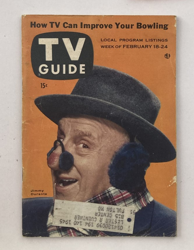Cover of TV Guide Magazine February 18 1956 featuring Jimmy Durante, showcasing the local program listings and an article on how TV can improve your bowling.