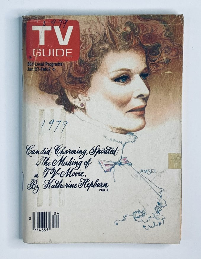 TV Guide Magazine, January 27, 1979, issue #1348 featuring a portrait of Katharine Hepburn on the cover. This vintage magazine showcases the actress's unique style and highlights the themes 'Candid, Charming, Spirited: The Making of a TV Movie'.