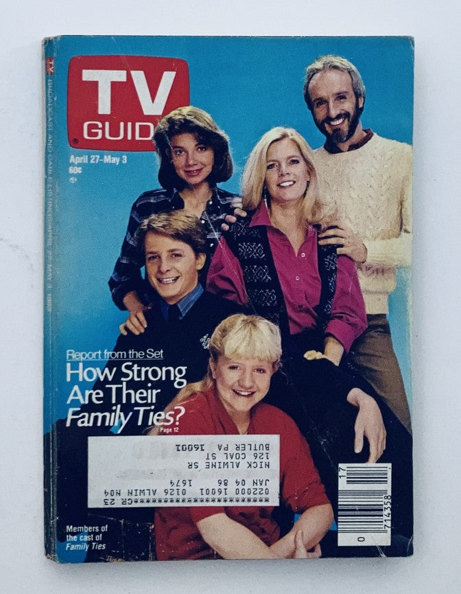 TV Guide Magazine from April 27 to May 3, 1985 featuring Meredith Baxter and the cast of Family Ties on the cover, showcasing a colorful layout and retro design, ideal for collectors of television history.