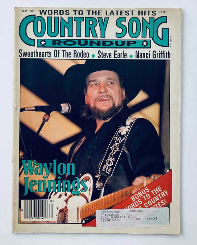Cover of the May 1988 issue of Country Song Roundup magazine featuring Waylon Jennings, highlighting articles on Sweethearts of the Rodeo, Steve Earle, and Nanci Griffith. This vintage magazine is a collectible item for country music fans.