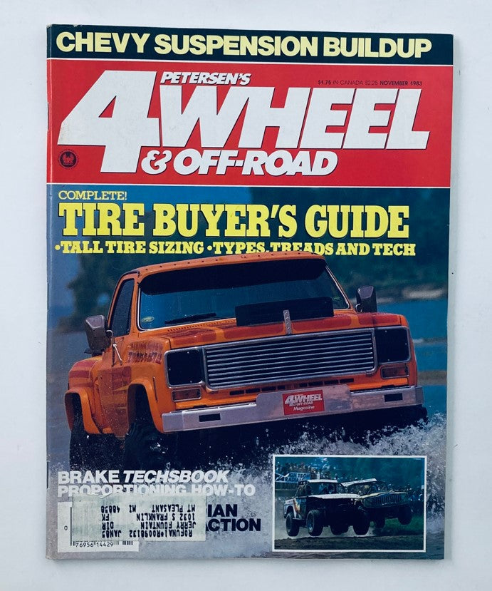 Cover of VTG Petersen's 4 Wheel & Off-Road Magazine November 1983 featuring a classic off-road vehicle, highlighting the Tire Buyer's Guide and showcasing details on tire sizing and technology.