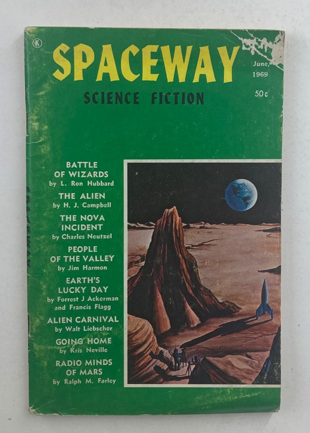 Cover of Spaceway Science Fiction May 1969 Vol 4 No. 2 featuring the headline 'Battle of Wizards', showcasing vibrant artwork and classic sci-fi themes.