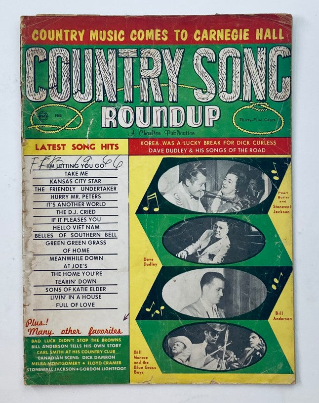 Vintage Country Song Roundup Magazine cover from February 1966 featuring Pearl Butler and Stonewall Jackson with highlighted song hits and magazine details.