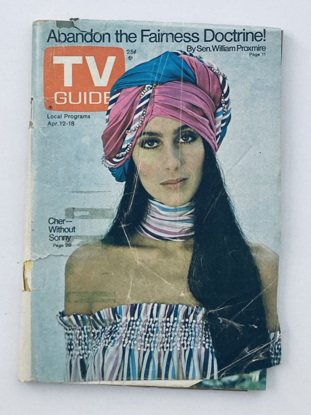 Cover of TV Guide Magazine April 12, 1975, featuring Cher - Without Sonny LA Metro Ed. The magazine displays Cher in a colorful turban and off-shoulder top, highlighting its vintage design.