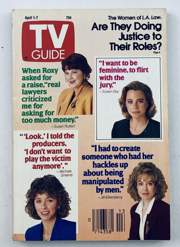 Cover of TV Guide Magazine April 1 1989 featuring Michele Greene and other cast members. The magazine discusses gender roles in Law and showcases quotes about their characters from actresses Susan Ruttan, Michele Greene, and Jill Eikenberry.
