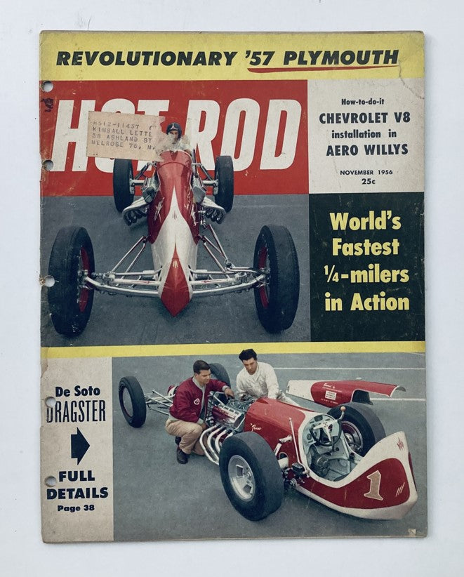 VTG Hot Rod Magazine November 1956 featuring the world's fastest 1/4-milers in action, with a vintage cover showcasing classic drag racing and automotive culture.