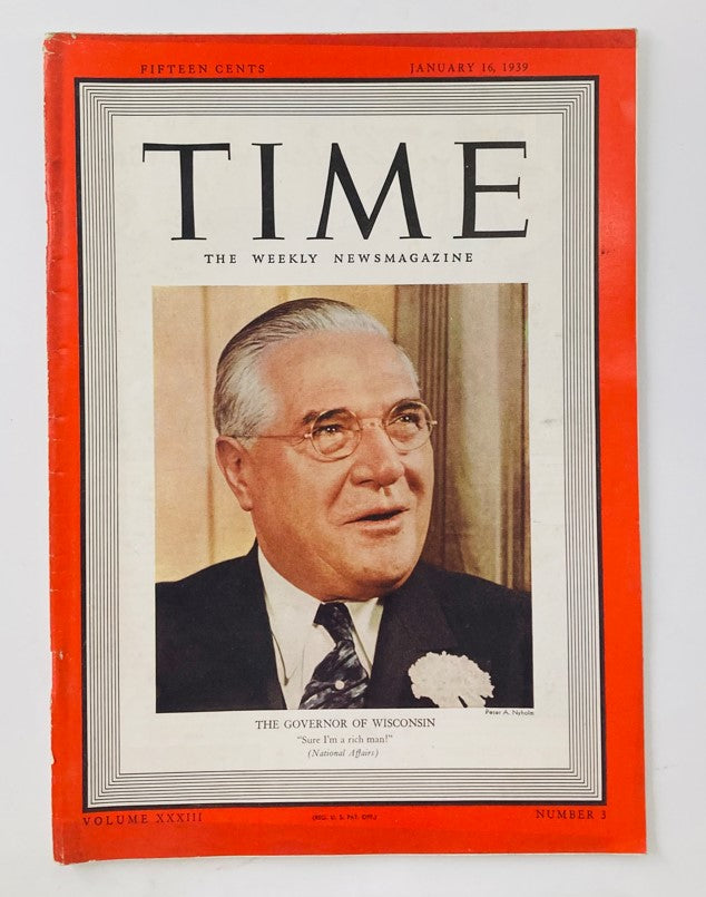 Vintage Time Magazine cover from January 16, 1939, Vol 33 No. 3 featuring Governor Julius P. Heil of Wisconsin, showcasing historical American politics.