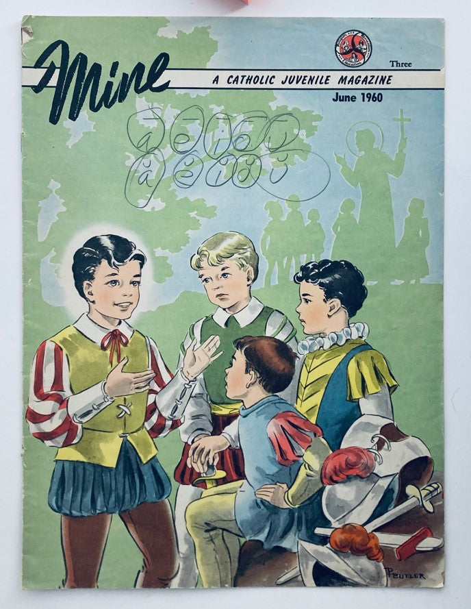 Cover of 'Mine A Catholic Juvenile Magazine' from June 1960 featuring four children in historical costumes discussing. Ideal collectible for those interested in vintage Catholic literature.