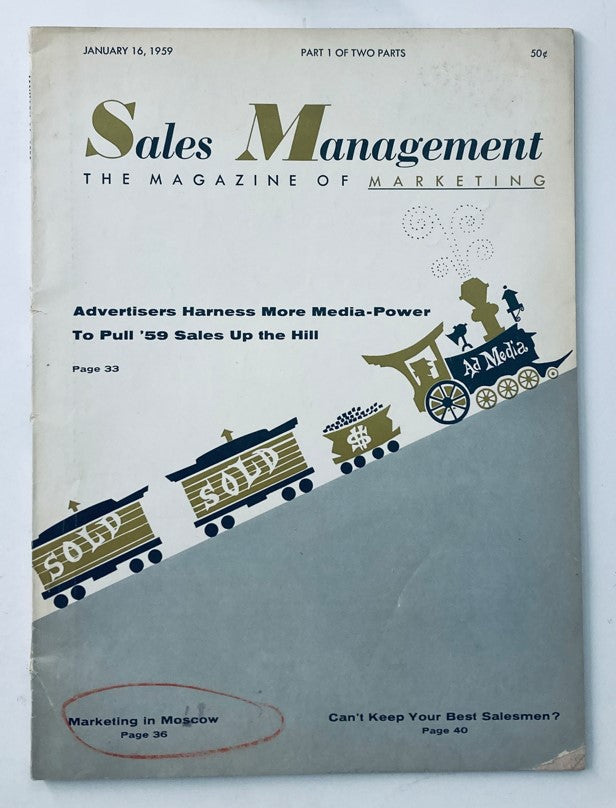 Sales Management Magazine January 16 1959 cover featuring an illustration of a train and marketing themes, highlighting advertisers harnessing media power.
