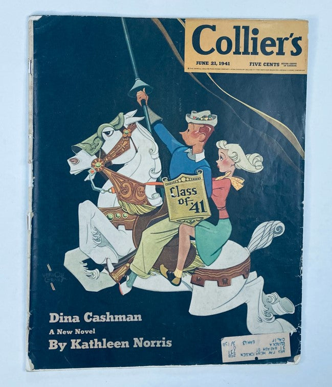 VTG Collier's Magazine June 21 1941 featuring cover illustration of a couple on a carousel, depicting scenes from 'Dina Cashman,' a new novel by Kathleen Norris.