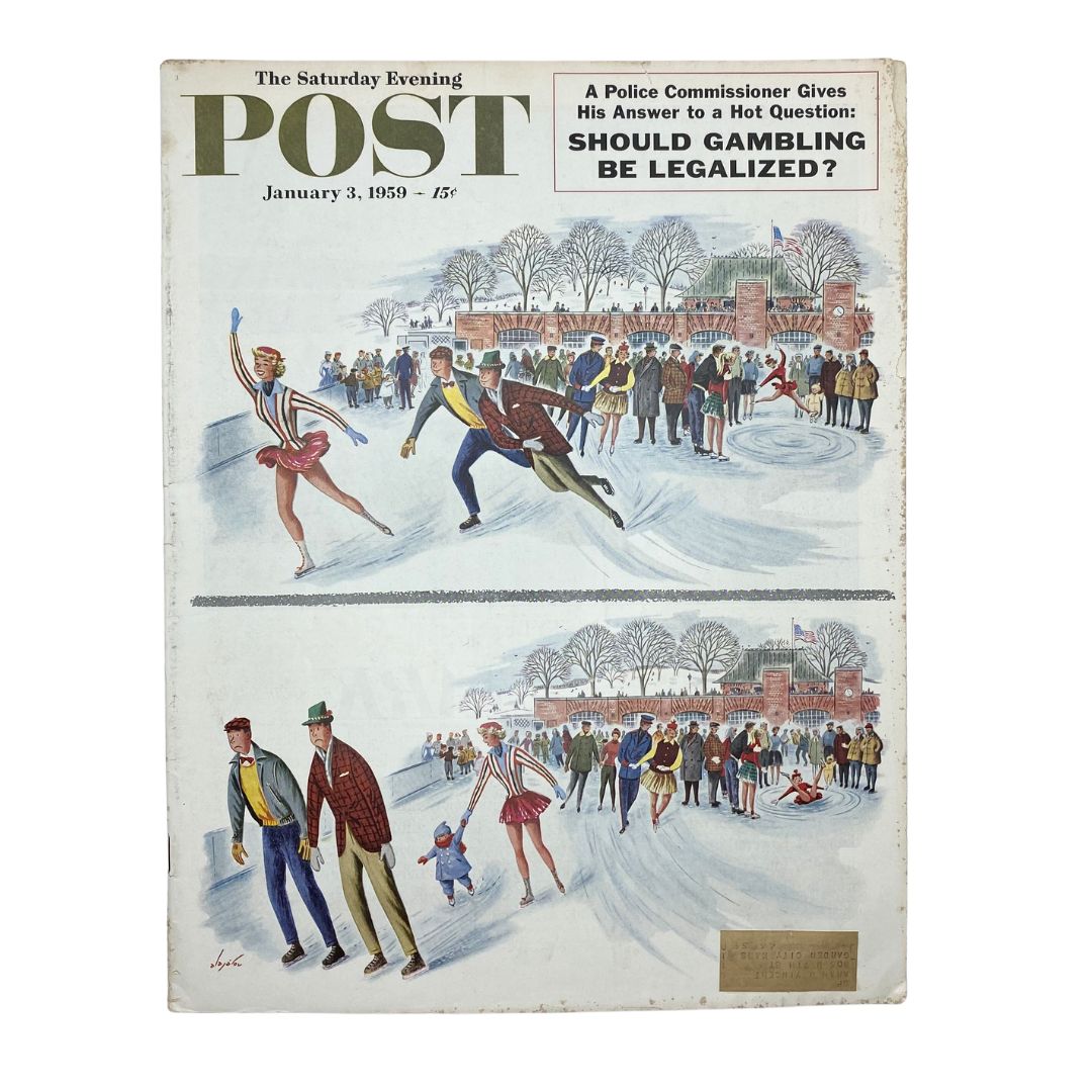 Cover of the Saturday Evening Post Magazine from January 3, 1959, featuring an illustration of ice skating by Constantin Alajalov. The cover depicts winter scenes with skaters and cheerful crowds, showcasing vintage American art and culture.