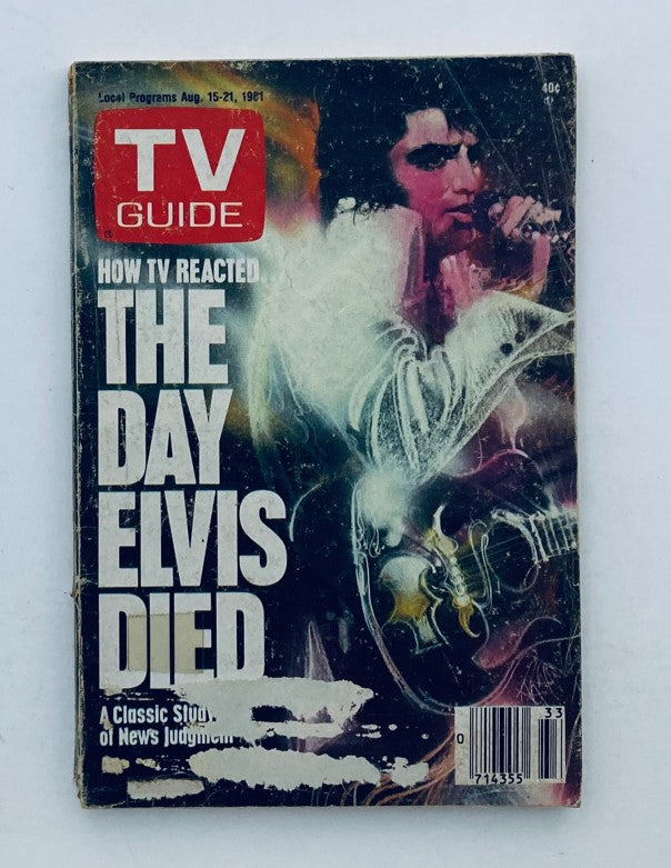 TV Guide Magazine from August 15, 1981, featuring the headline 'The Day Elvis Presley Died' with a vintage cover depicting Elvis Presley. This iconic magazine provides a glimpse into television history during the era of Elvis's passing.