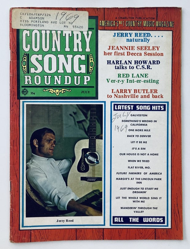 Cover of VTG Country Song Roundup Magazine July 1969 featuring Jerry Reed, showcasing articles and song hits from the era.