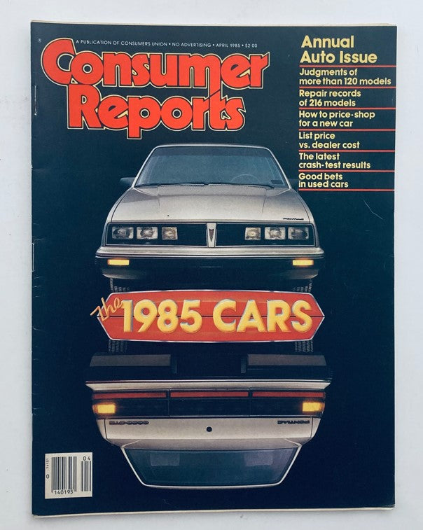Vintage Consumer Reports Magazine April 1985, Vol 50 No. 4 cover featuring automotive insights and reviews on the 1985 cars.