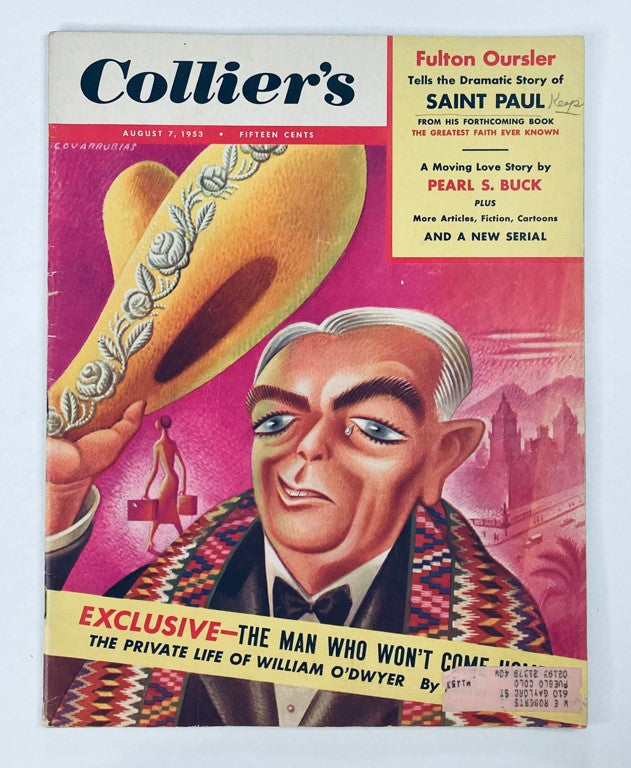 Cover of VTG Collier's Magazine August 7 1953 featuring an illustration related to William O'Dwyer. Bold headline states 'EXCLUSIVE—THE MAN WHO WON'T COME HOME.'