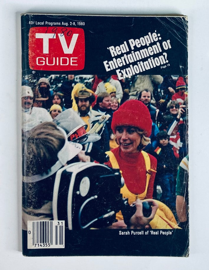 Cover of TV Guide Magazine August 2, 1980, issue #1427, featuring Sarah Purcell and a crowd, with the headline 'Real People: Entertainment or Exploitation?' showcasing vintage television culture.