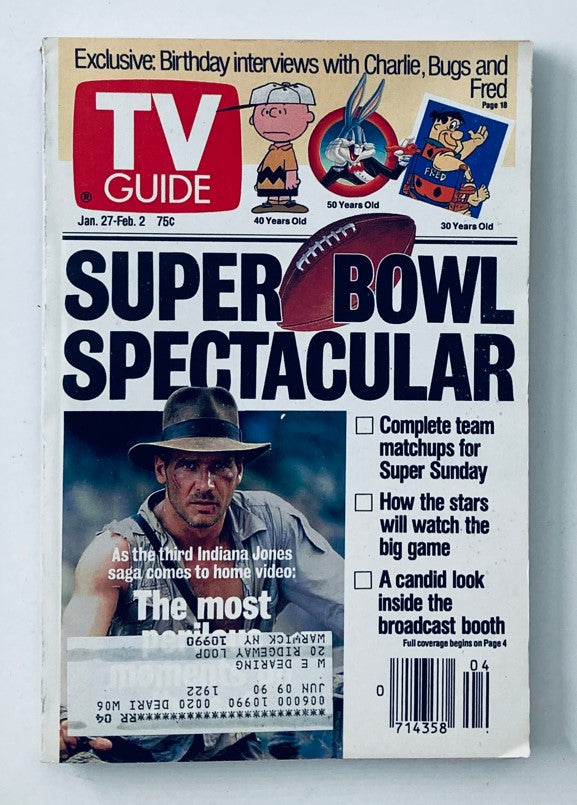 TV Guide Magazine January 27, 1990 cover featuring Harrison Ford and Charlie Brown, highlighting Super Bowl Spectacular, with details on matchups and celebrity interviews.