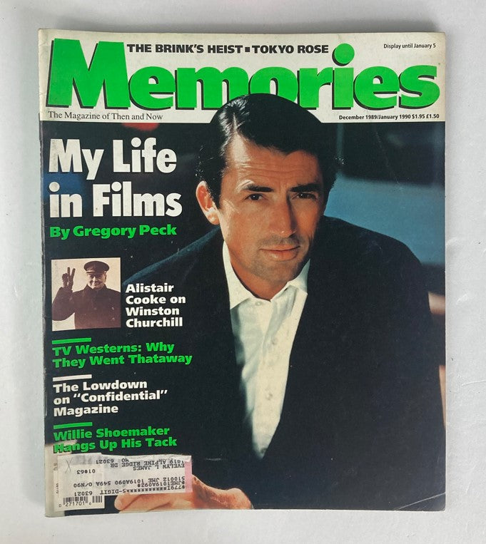 Cover of VTG Memories Magazine December 1989 Vol 2 No 6 featuring Gregory Peck and Alistair Cooke. The cover highlights Gregory Peck with the title 'My Life in Films' and includes articles on iconic historical and entertainment figures.