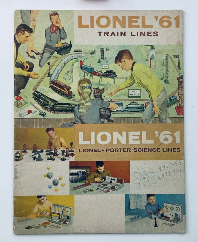 Cover of the VTG 1961 Lionel Trains Porter Science Lines Microcraft Catalog, featuring vintage illustrations of model trains and science themes, ideal for collectors and enthusiasts.