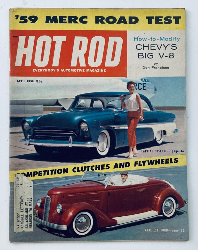 Cover of VTG Hot Rod Magazine April 1959 Vol 12 No. 4 featuring classic cars, a woman, and automotive insights.