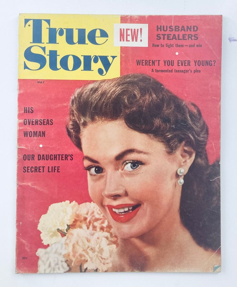 Cover of VTG True Story Magazine May 1955 Vol 72 No. 4 featuring the headline "His Overseas Woman" and a vintage image of a smiling woman with flowers.