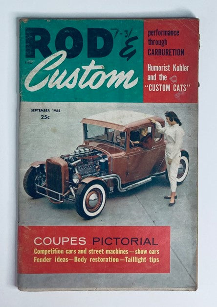 VTG Rod & Custom Magazine September 1958 cover featuring performance carburetion, iconic car culture, and vintage automobile design.