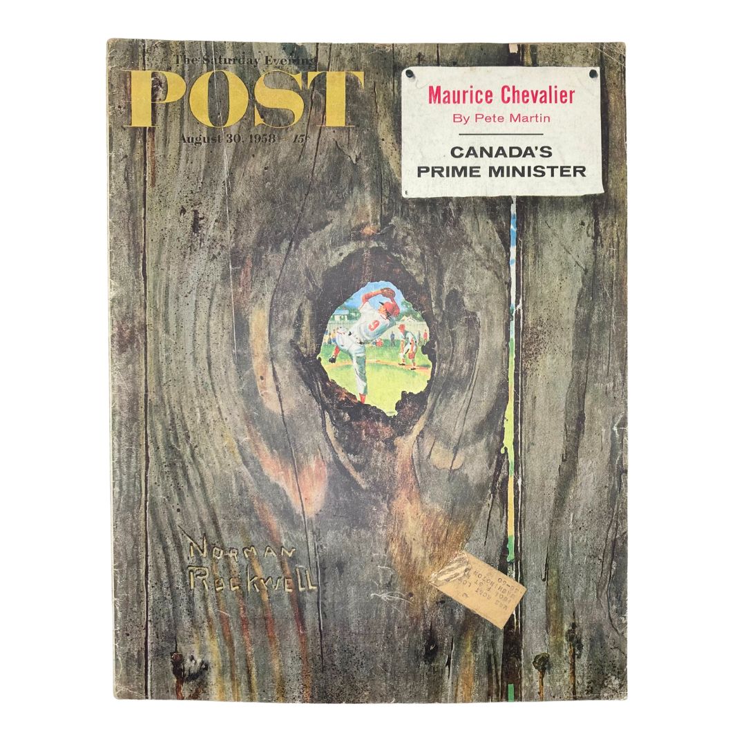 Cover of Saturday Evening Post Magazine August 30 1958 featuring the artwork 'Through a Knothole' by Norman Rockwell.