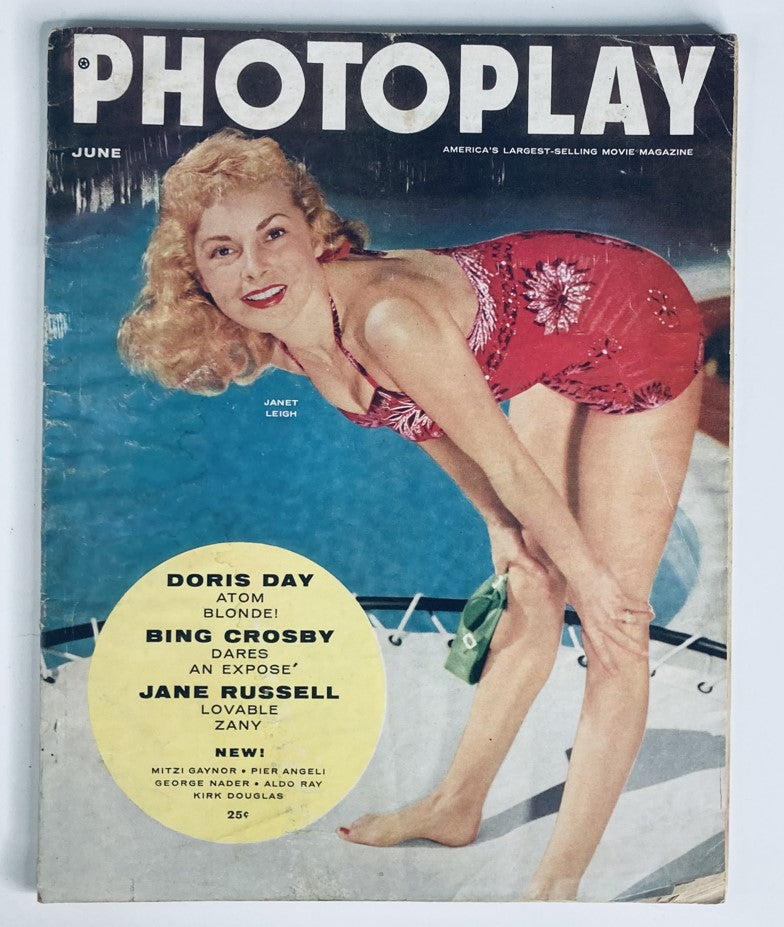 VTG Photoplay Magazine June 1955 featuring Janet Leigh on the cover, showcasing vintage Hollywood glamour with colorful swimsuit photography and highlights of celebrities like Doris Day and Bing Crosby.