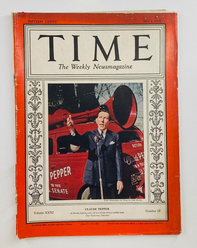 Vintage Time Magazine cover from May 2, 1938, featuring American politician Claude Pepper, Volume 31, Number 18.
