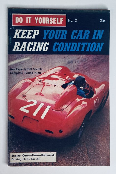 Vintage magazine cover of Do It Yourself Magazine Vol 1 No. 2 featuring a red racing car, highlighting tips for keeping your car in racing condition.