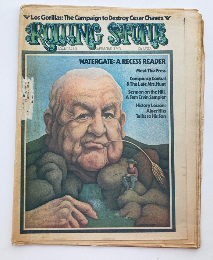 Vintage Rolling Stone Magazine cover from September 13, 1973, Issue 143, titled 'Watergate: A Recess Reader', featuring a colorful illustration of a large man with a pipe.