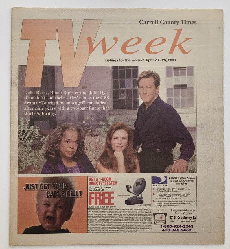 TV Week Magazine April 20 2003 cover featuring Della Resse, Roma Downey, and John Dye, showcasing a television listings theme.