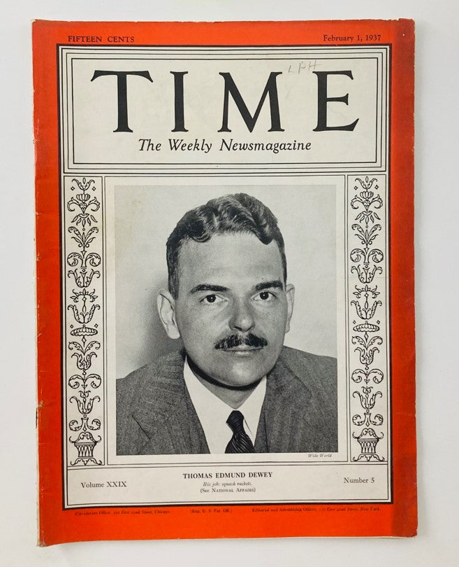 Vintage Time Magazine cover from February 1, 1937 featuring Thomas Edmund Dewey, Vol 29 No 5. This historical magazine showcases Dewey's prominent political position in history.