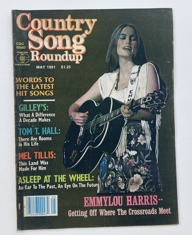 Cover of VTG Country Song Roundup Magazine from May 1981 featuring Emmylou Harris with a guitar, highlighting articles about country music.